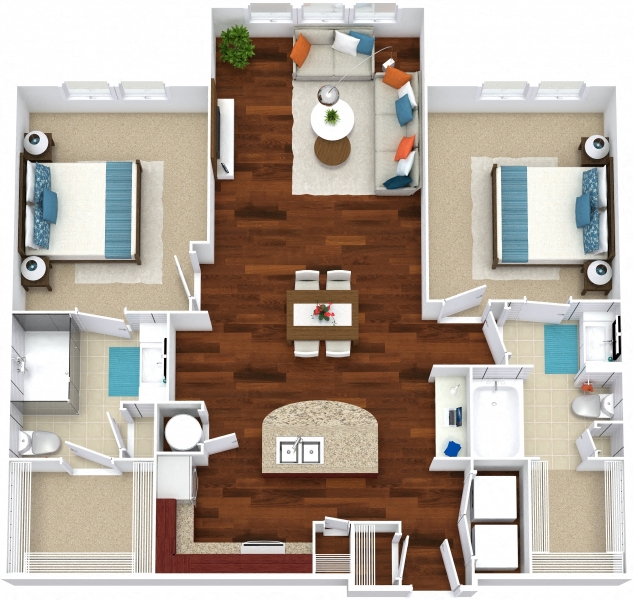 Floor plan for 2 beds, 2 baths, 1126 sqft